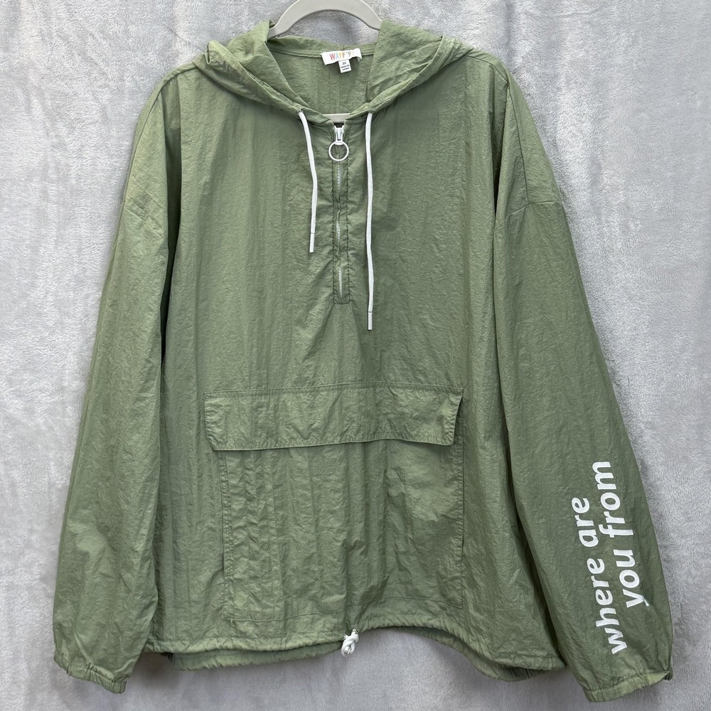 WAYF '98 Jacket Womens 3X Green Hooded Anorak 1/4 Zip Lightweight Quote Sleeve